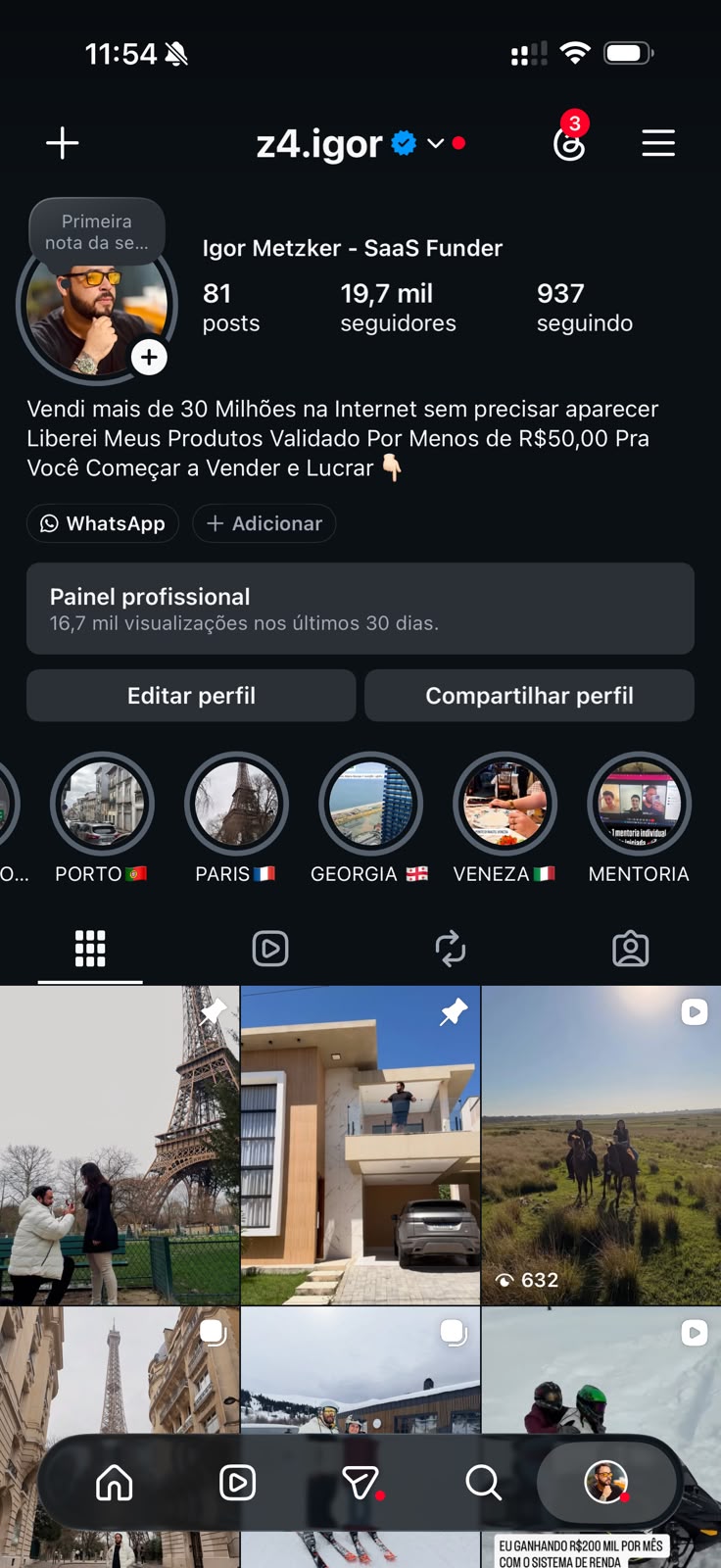 Perfil do Instagram @z4.igor com 19,7 mil seguidores e histórico de mais de 30 milhões vendidos na internet